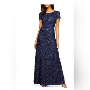Alex Evenings Navy Blue Sequin Lace Rosette Formal  Gown Dress $269 Size 10
